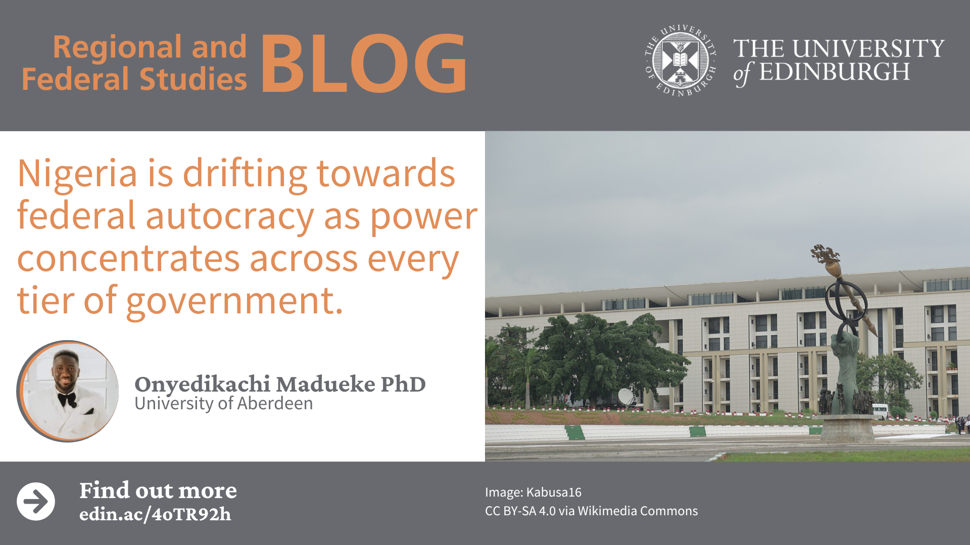 Image of the national assembly complex in Abuja, with an image of the author