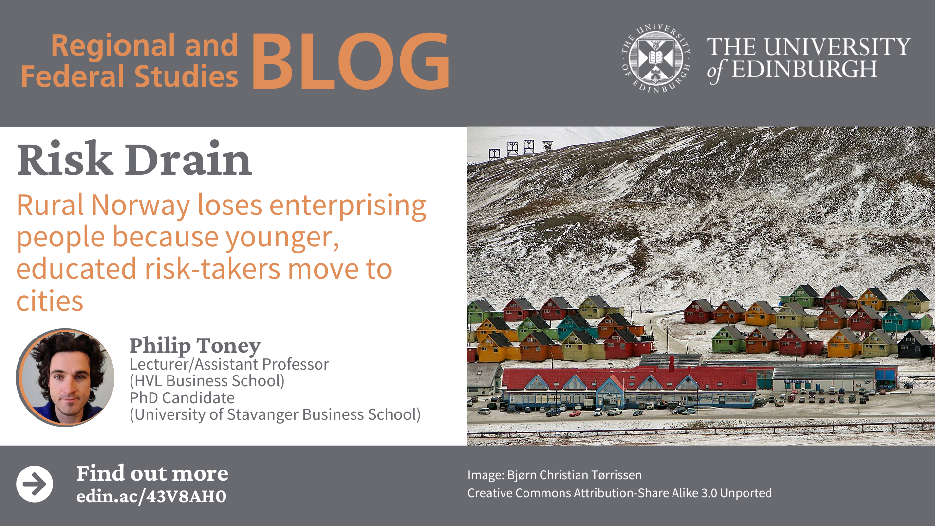 Rural Norway loses enterprising people because younger, educated risk-takers move to cities. With an image of a rural Norwegian village.