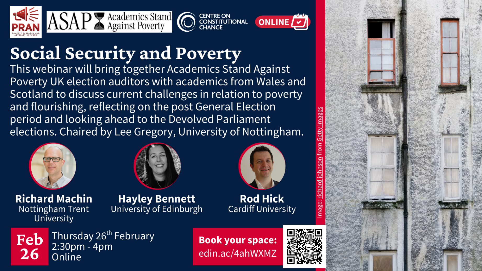 An image of windows in a housing block, with event details