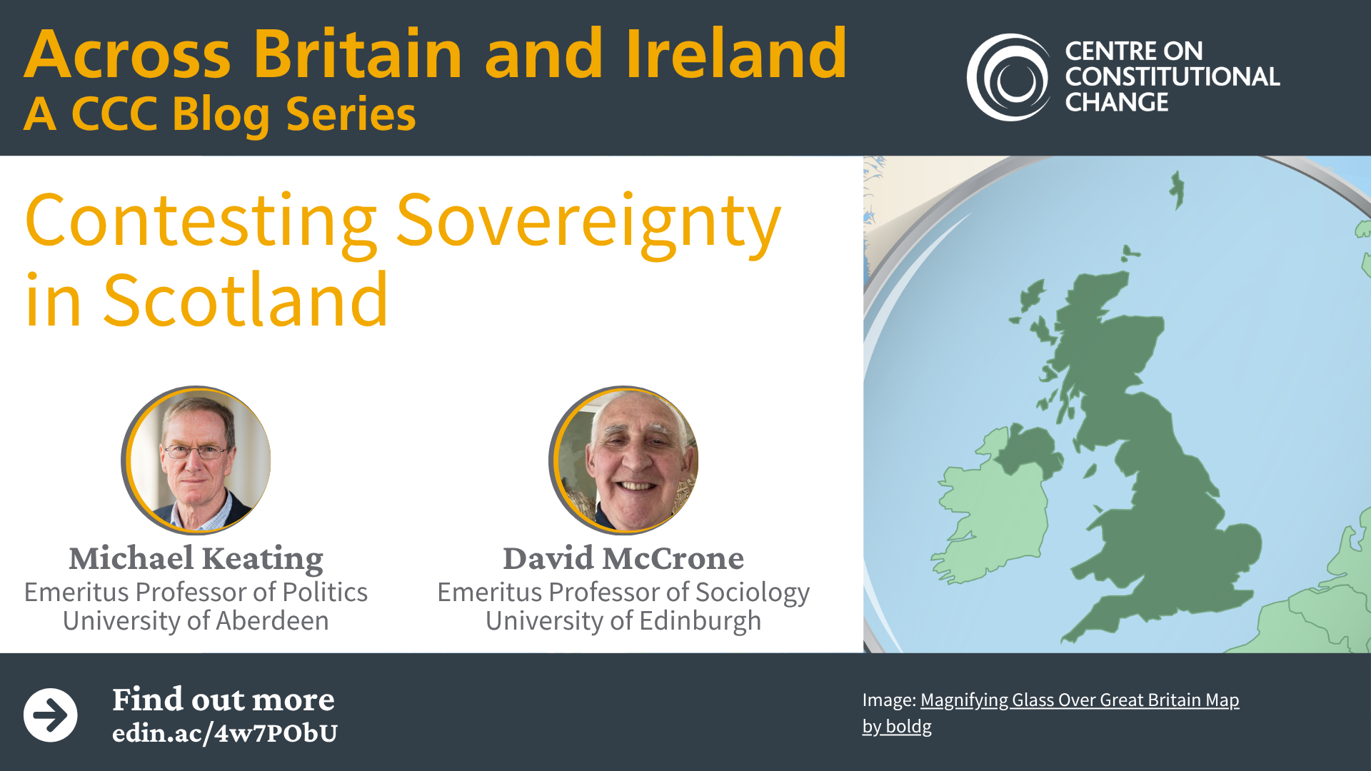 Image of Britain and Ireland viewed through a magnifying glass and photos of the authors