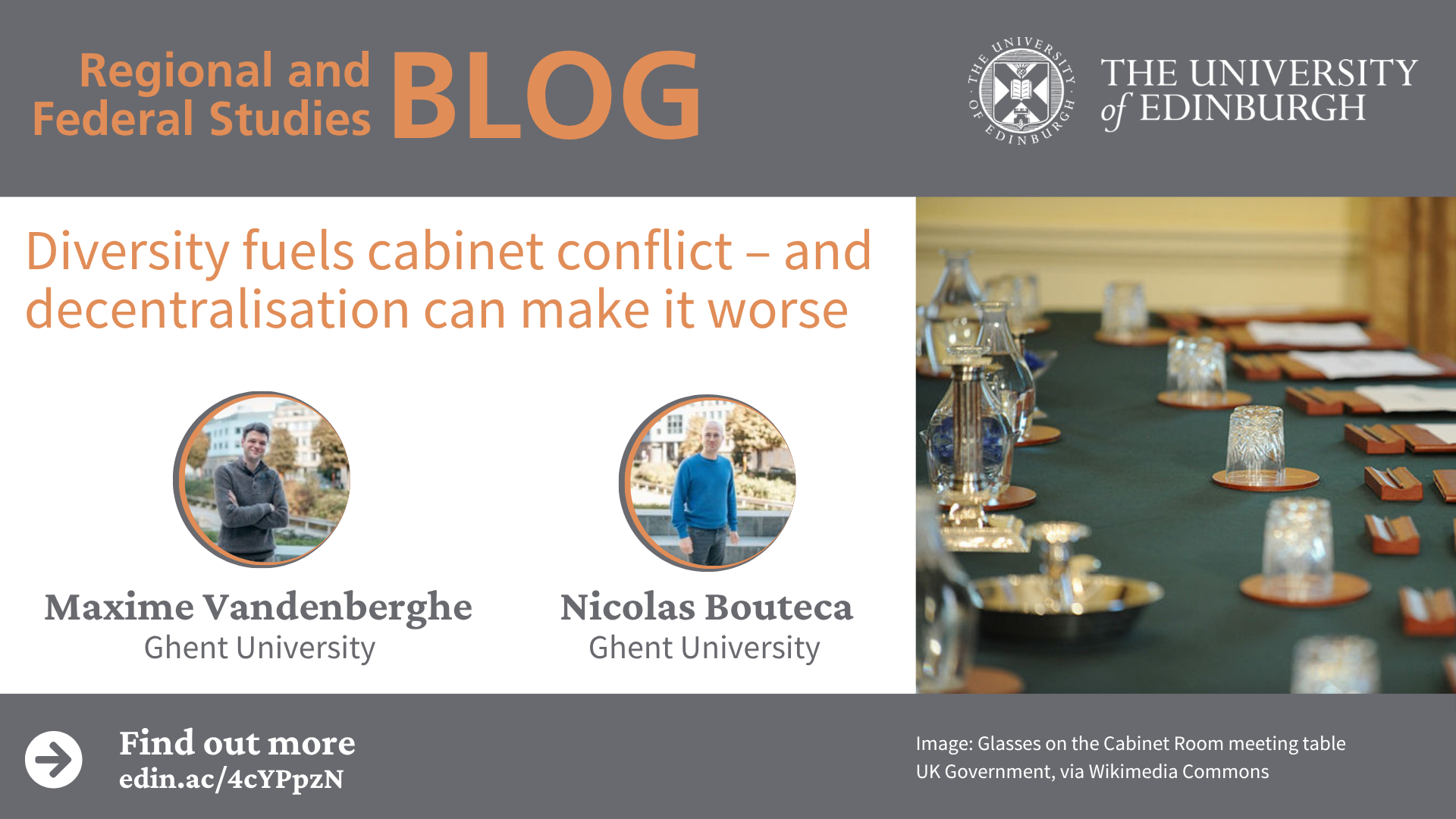 Images of the authors and glasses on the UK Cabinet Room meeting table