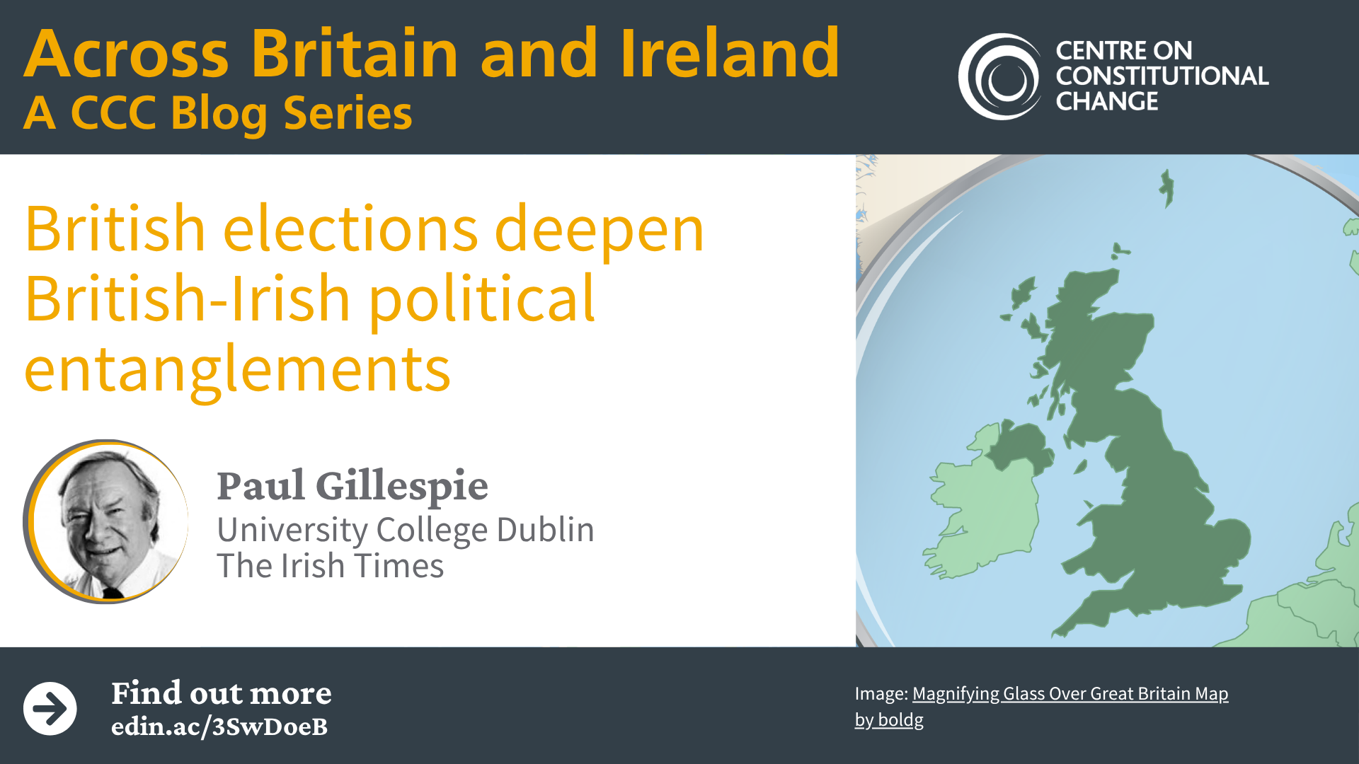 Image of Britain and Ireland viewed through a magnifying glass and a photo of the author