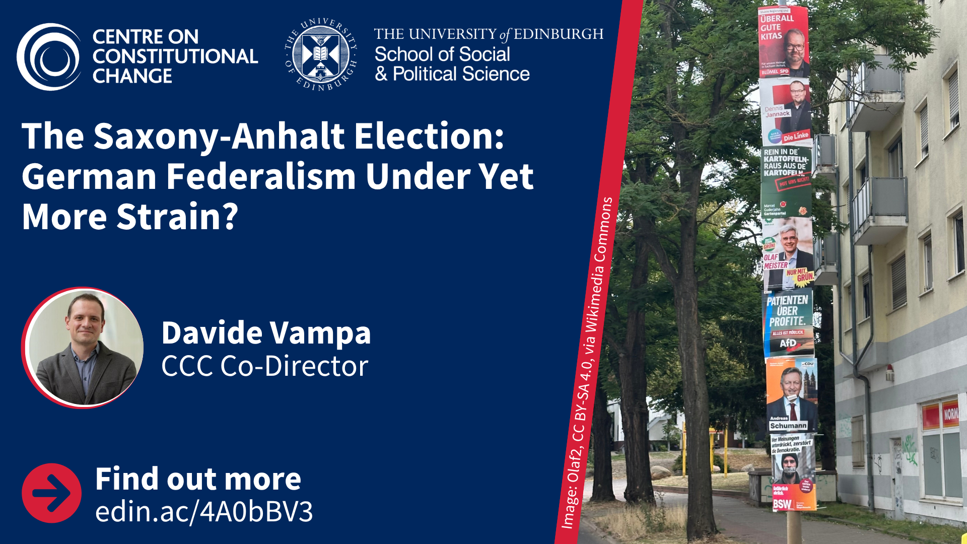 Various election posters in Magdeburg and an image of the author