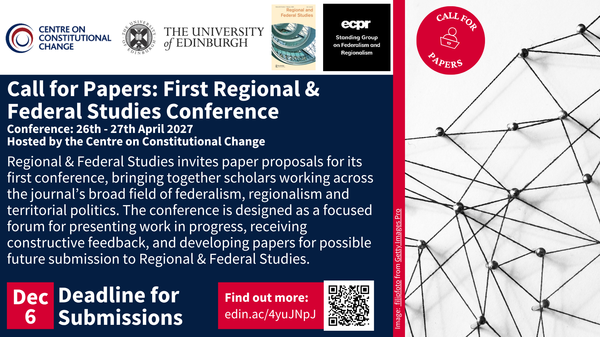 Image of pins connected by string along with details of the call for papers